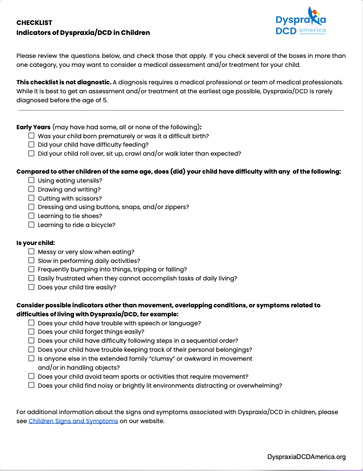 Checklist for Indicators of Dyspraxia in Children