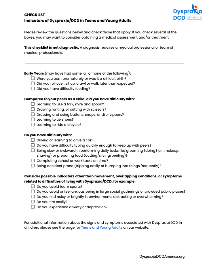 Checklist for Indicators of Dyspraxia_DCD in Teens_Young Adults