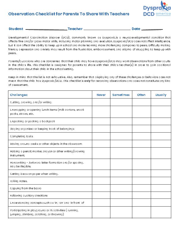 Observation Checklist For Parents To Share With Teachers